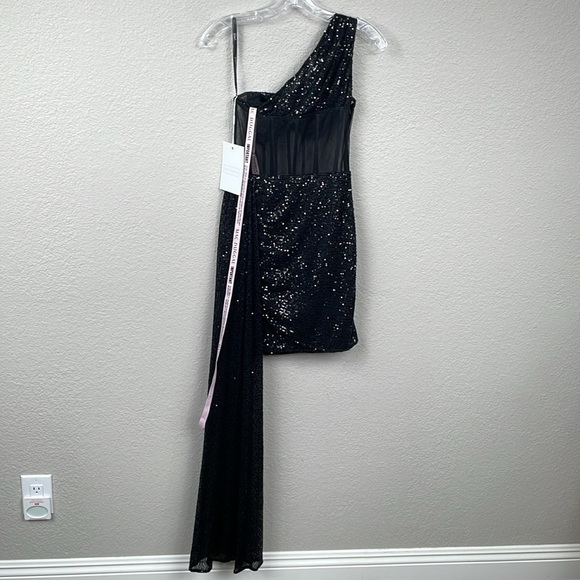 NWT Mac Duggal One Shoulder Sheer Bustier Side Drape Sequin Dress Mini Black 8 - Picture 7 of 16